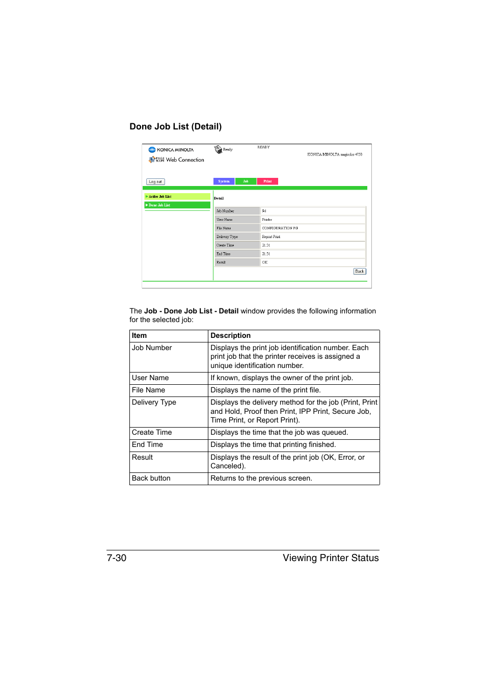 Done job list (detail), Done job list (detail) -30, Viewing printer status 7-30 | Konica Minolta magicolor 4750EN-4750DN User Manual | Page 249 / 409