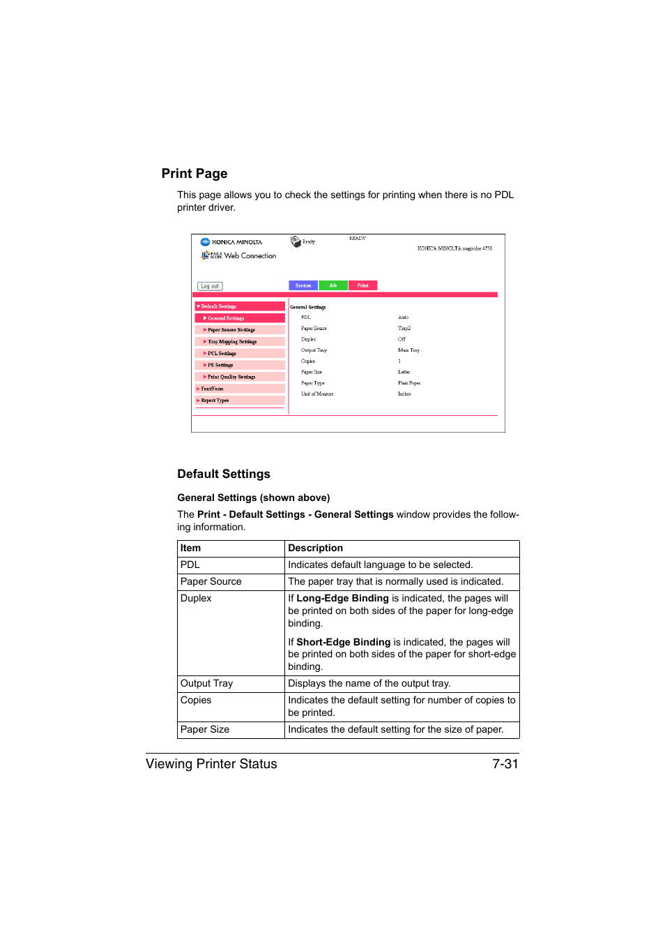 Default settings, Default settings -31, Viewing printer status 7-31 print page | Konica Minolta magicolor 4750EN-4750DN User Manual | Page 250 / 409