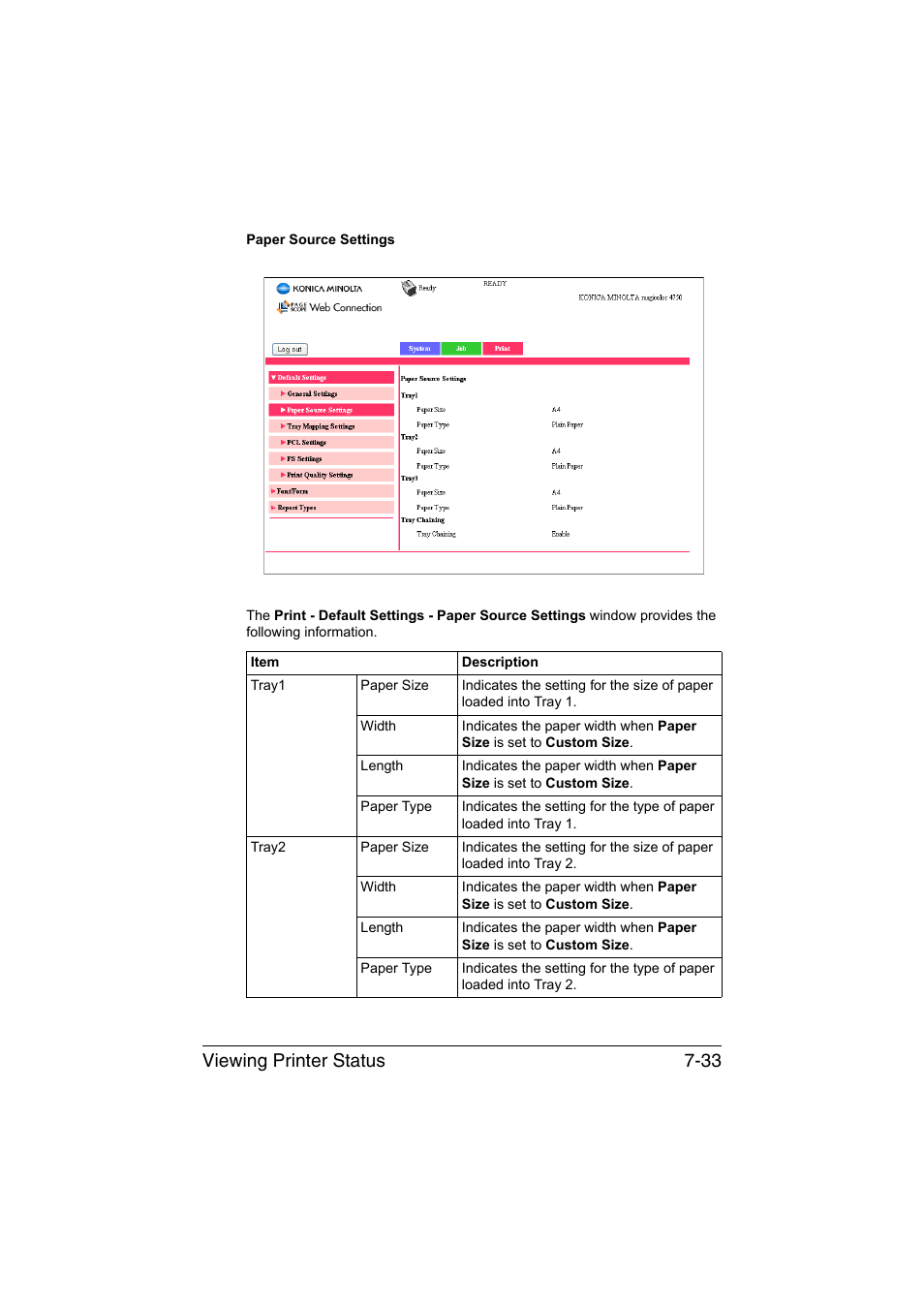 Viewing printer status 7-33 | Konica Minolta magicolor 4750EN-4750DN User Manual | Page 252 / 409
