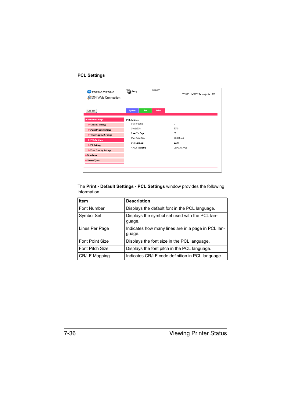 Viewing printer status 7-36 | Konica Minolta magicolor 4750EN-4750DN User Manual | Page 255 / 409