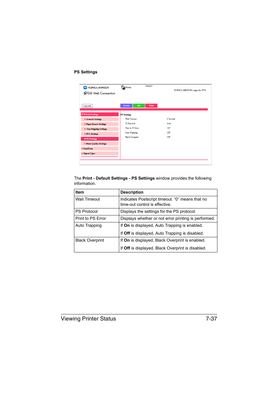 Viewing printer status 7-37 | Konica Minolta magicolor 4750EN-4750DN User Manual | Page 256 / 409
