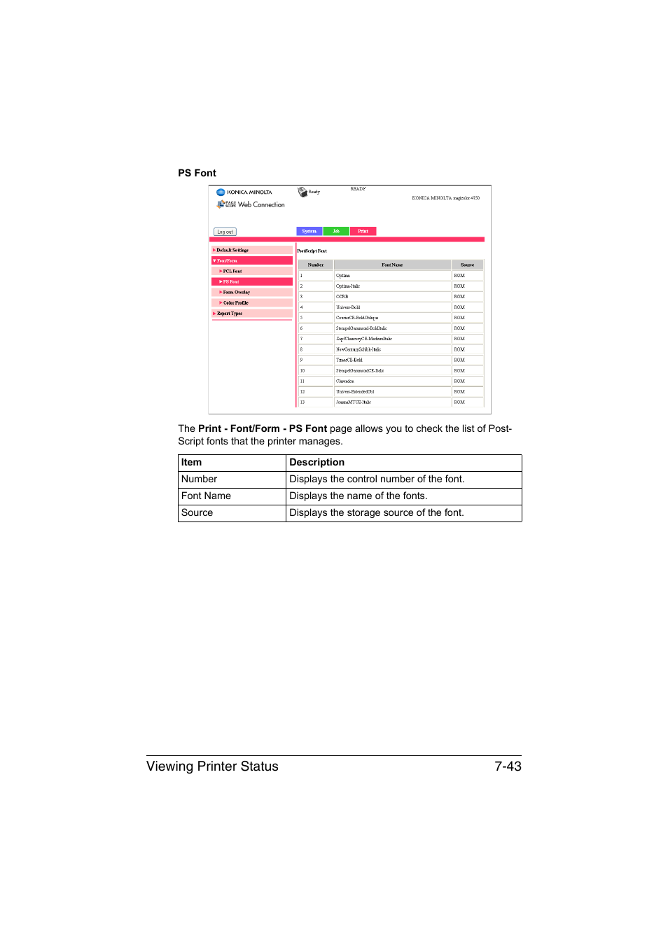 Viewing printer status 7-43 | Konica Minolta magicolor 4750EN-4750DN User Manual | Page 262 / 409