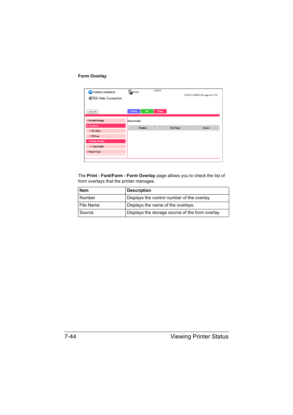 Viewing printer status 7-44 | Konica Minolta magicolor 4750EN-4750DN User Manual | Page 263 / 409