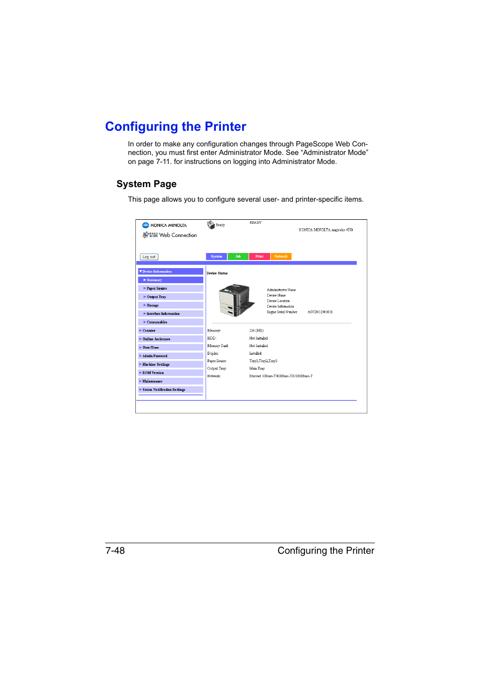 Configuring the printer, Configuring the printer -48 | Konica Minolta magicolor 4750EN-4750DN User Manual | Page 267 / 409