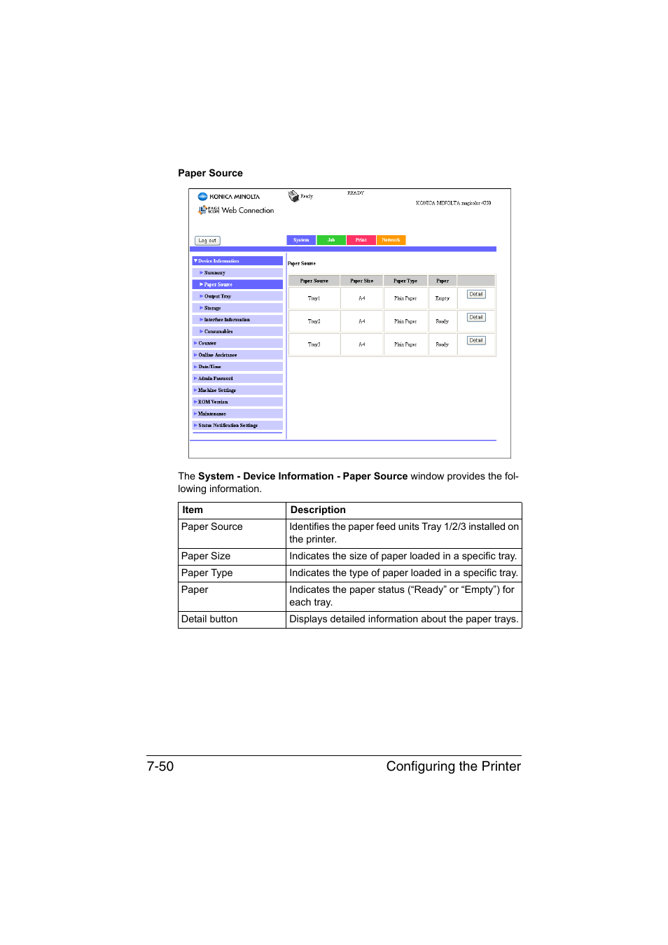 Configuring the printer 7-50 | Konica Minolta magicolor 4750EN-4750DN User Manual | Page 269 / 409