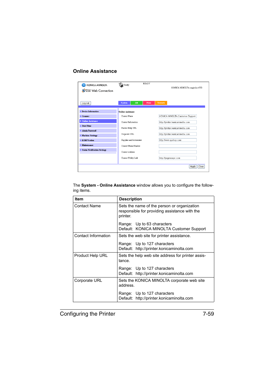 Online assistance, Online assistance -59, Configuring the printer 7-59 | Konica Minolta magicolor 4750EN-4750DN User Manual | Page 278 / 409