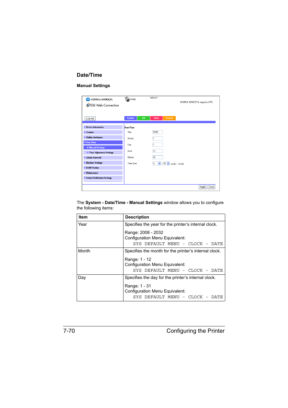 Date/time, Date/time -70, Configuring the printer 7-70 | Konica Minolta magicolor 4750EN-4750DN User Manual | Page 289 / 409