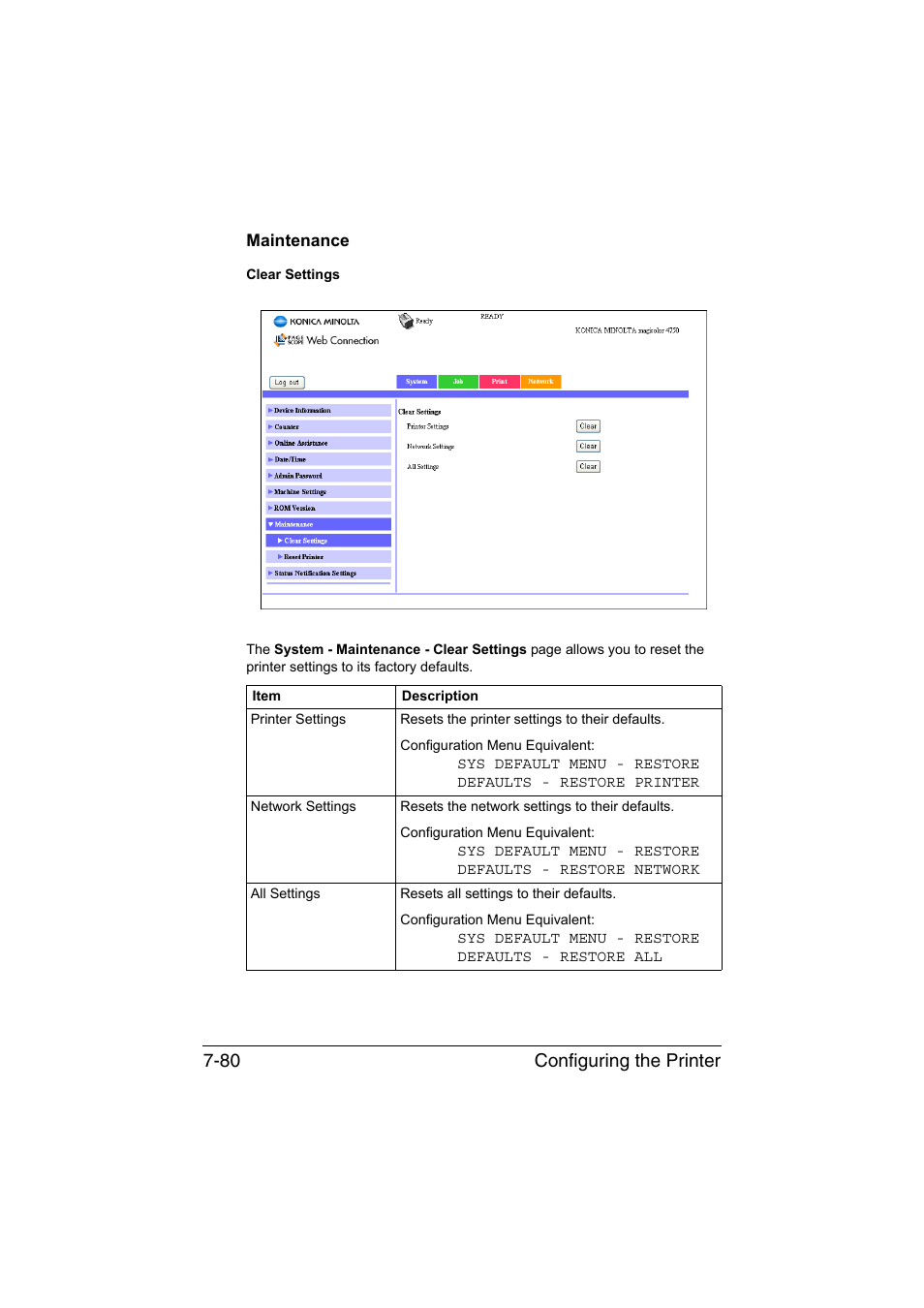 Maintenance, Maintenance -80, Configuring the printer 7-80 | Konica Minolta magicolor 4750EN-4750DN User Manual | Page 299 / 409