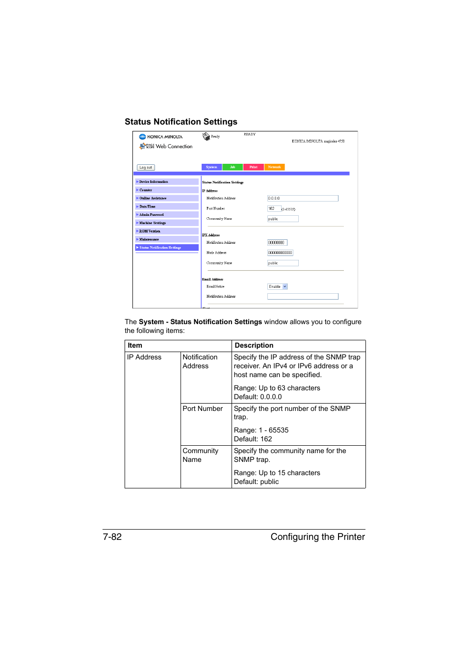 Status notification settings, Status notification settings -82, Configuring the printer 7-82 | Konica Minolta magicolor 4750EN-4750DN User Manual | Page 301 / 409