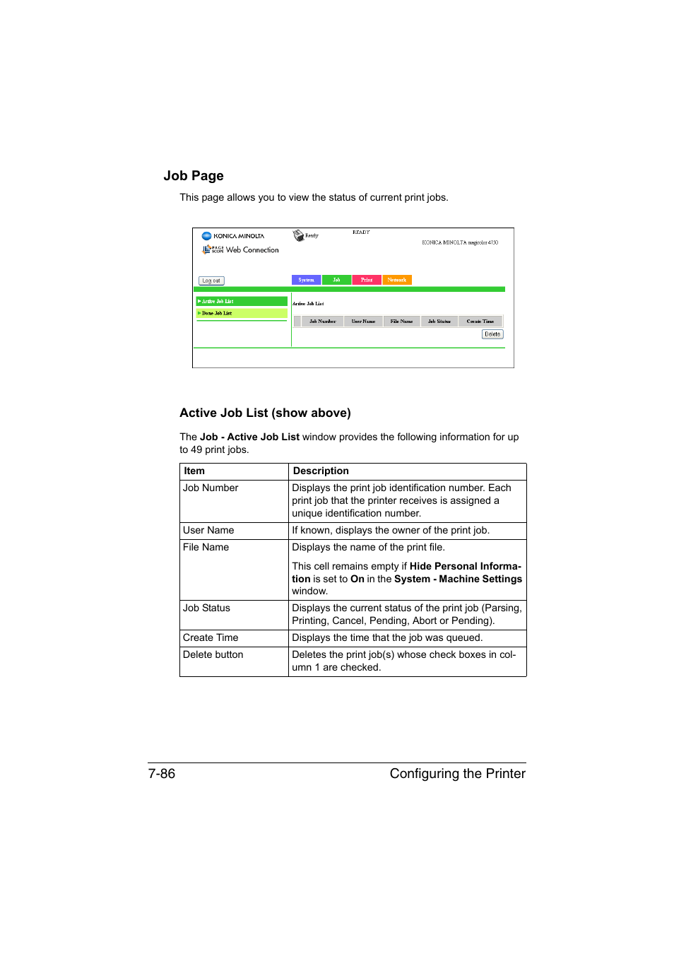 Active job list (show above), Active job list (show above) -86, Configuring the printer 7-86 job page | Konica Minolta magicolor 4750EN-4750DN User Manual | Page 305 / 409