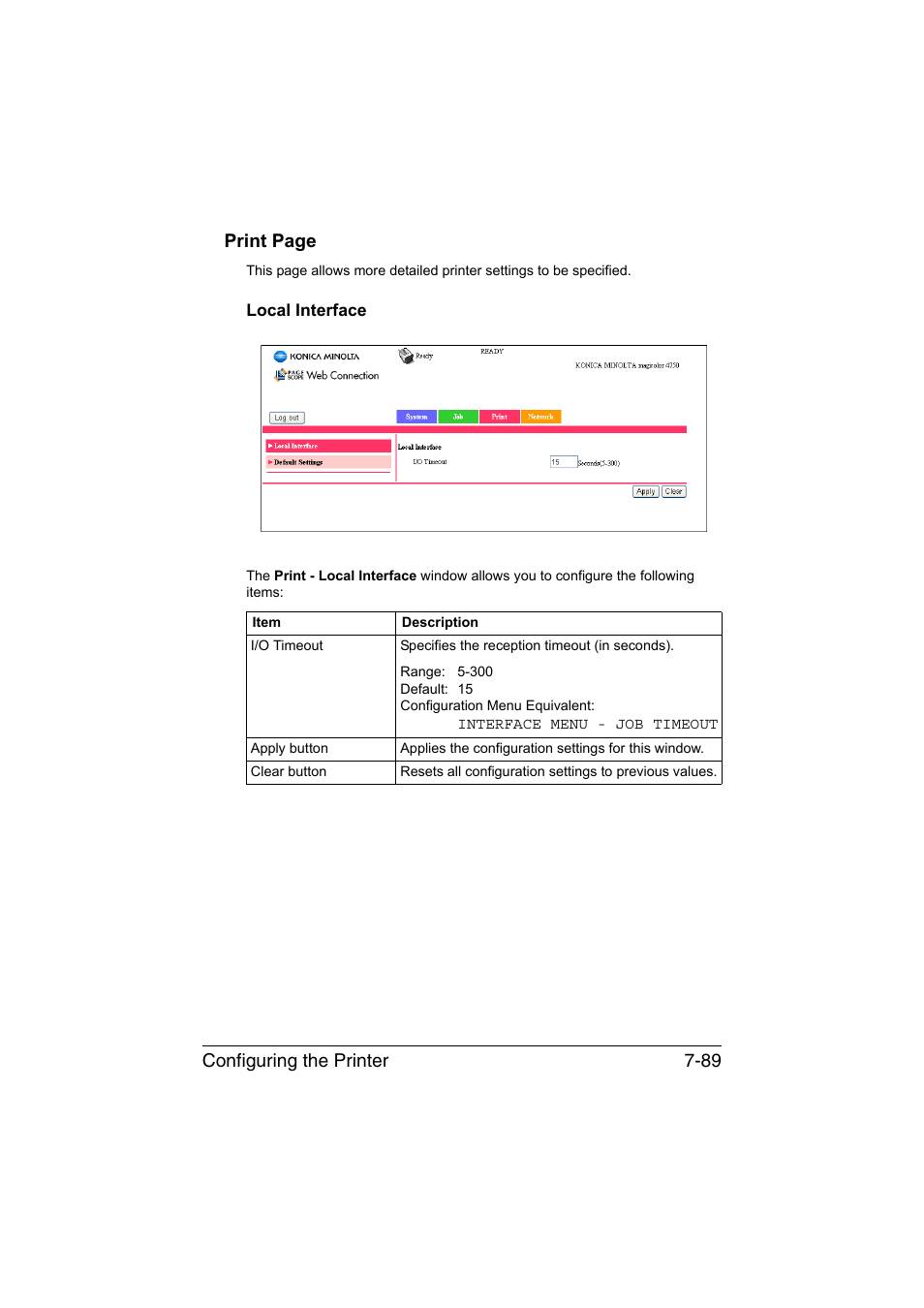 Local interface, Local interface -89, Configuring the printer 7-89 print page | Konica Minolta magicolor 4750EN-4750DN User Manual | Page 308 / 409