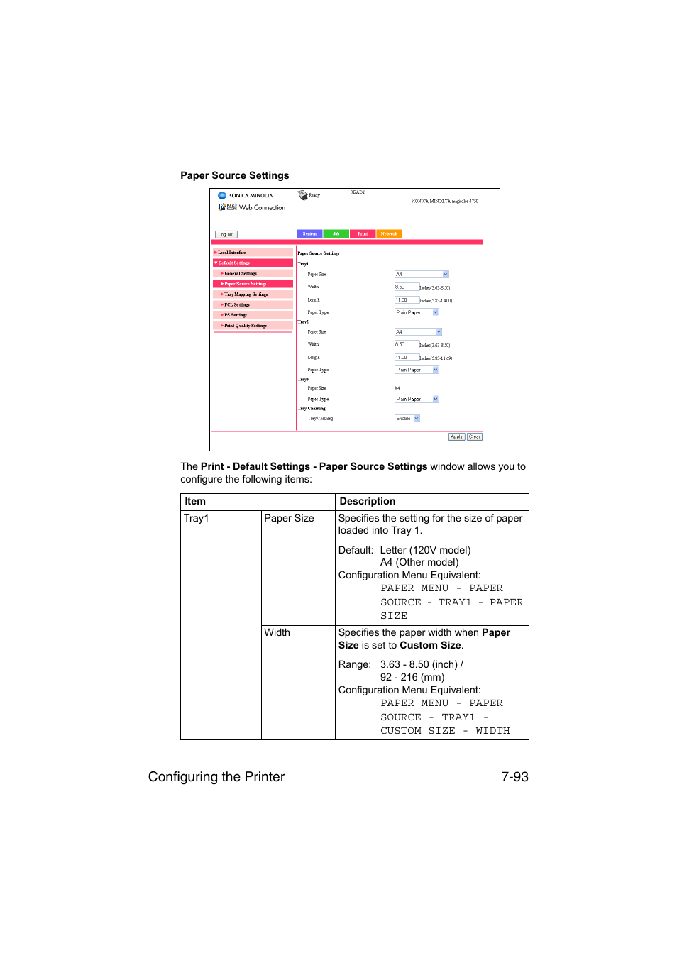 Configuring the printer 7-93 | Konica Minolta magicolor 4750EN-4750DN User Manual | Page 312 / 409