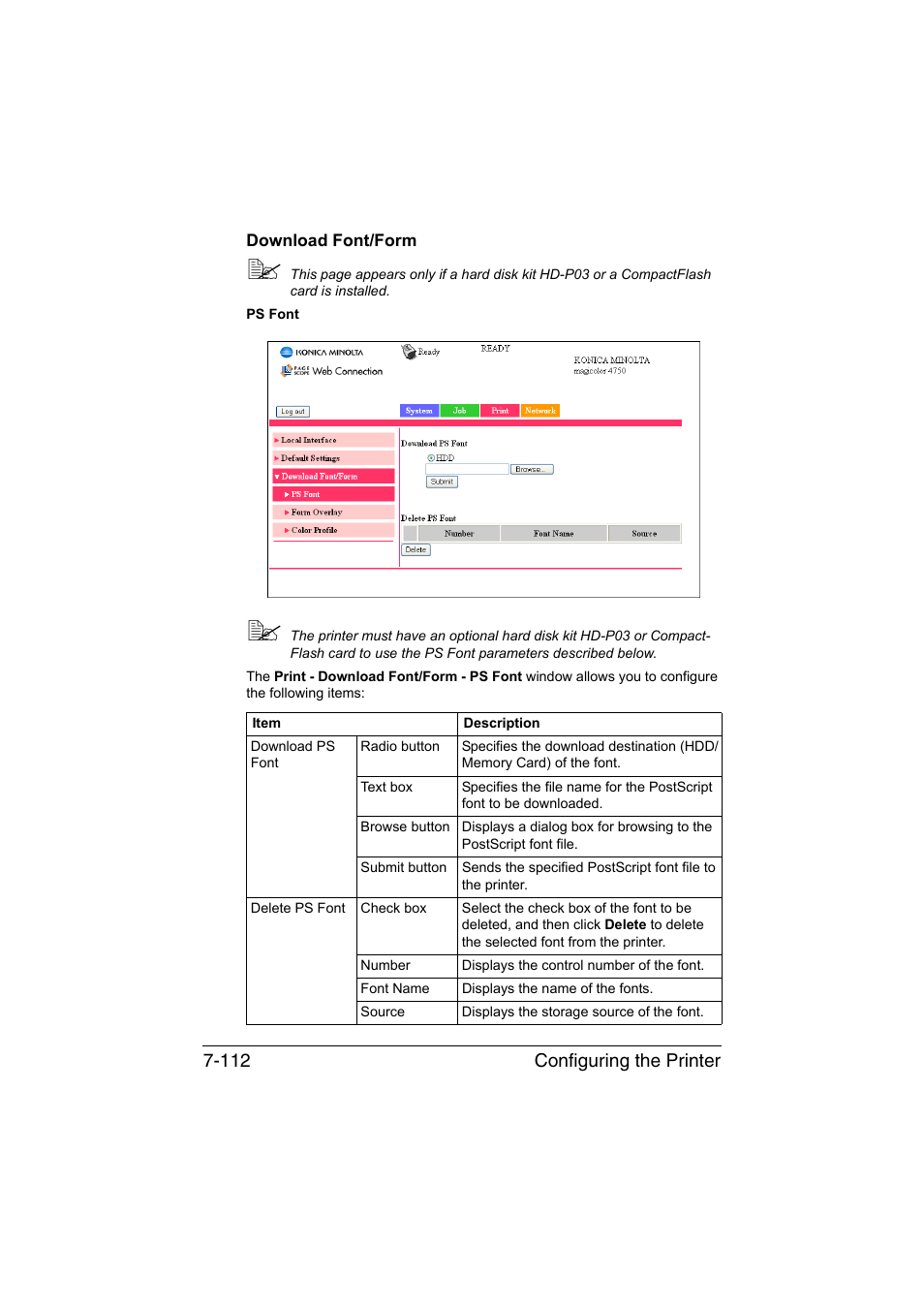 Download font/form, Download font/form -112, Configuring the printer 7-112 | Konica Minolta magicolor 4750EN-4750DN User Manual | Page 331 / 409