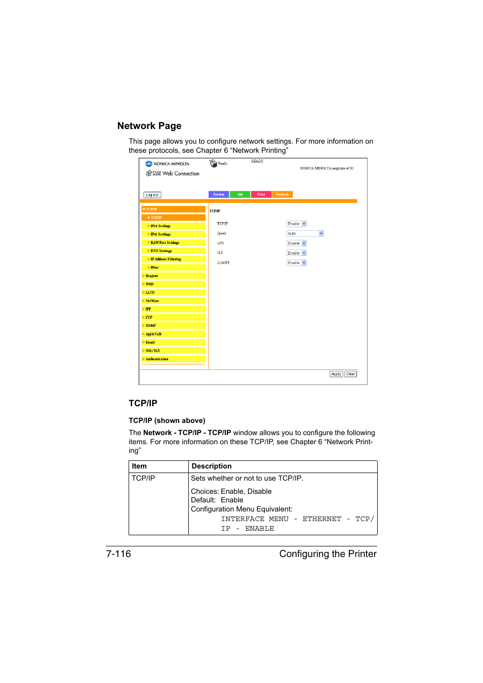 Tcp/ip, Tcp/ip -116, Configuring the printer 7-116 network page | Konica Minolta magicolor 4750EN-4750DN User Manual | Page 335 / 409