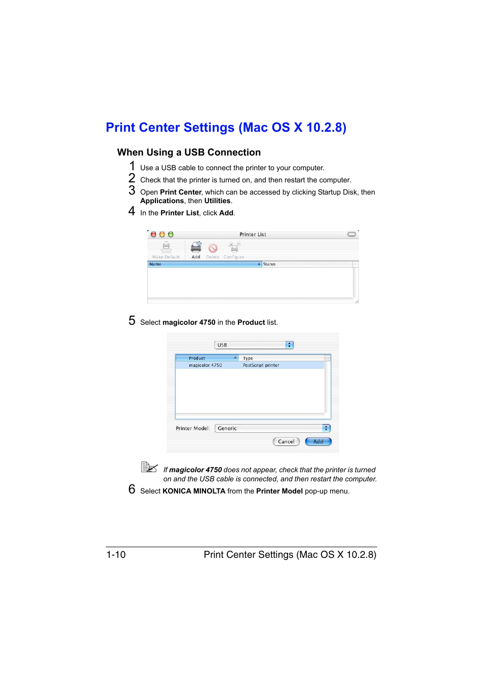 Print center settings (mac os x 10.2.8), When using a usb connection, Print center settings (mac os x 10.2.8) -10 | When using a usb connection -10 | Konica Minolta magicolor 4750EN-4750DN User Manual | Page 35 / 409