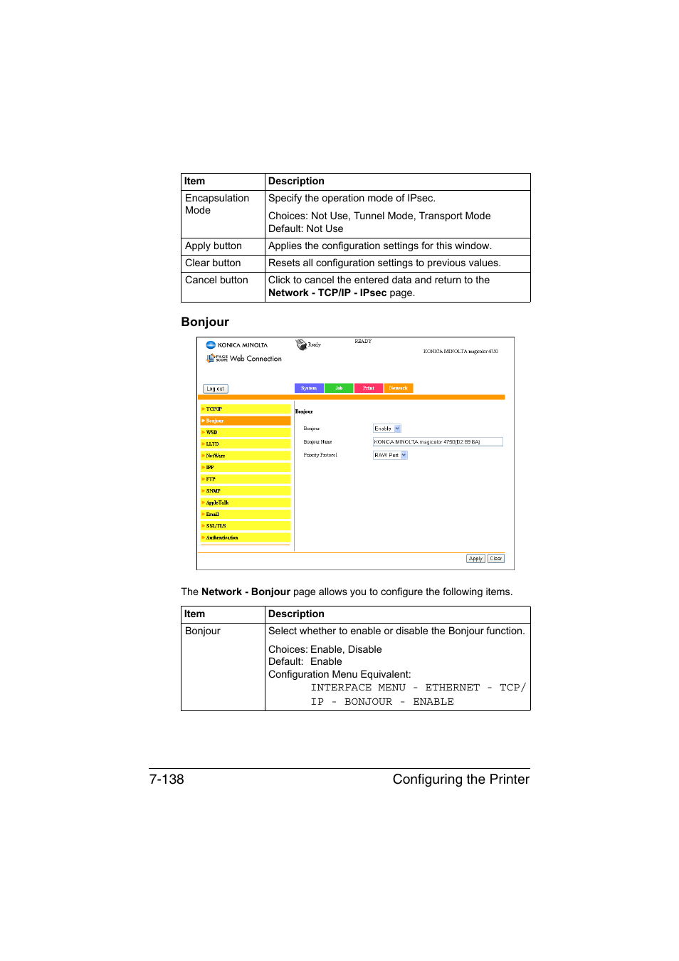 Bonjour, Bonjour -138, Configuring the printer 7-138 | Konica Minolta magicolor 4750EN-4750DN User Manual | Page 357 / 409