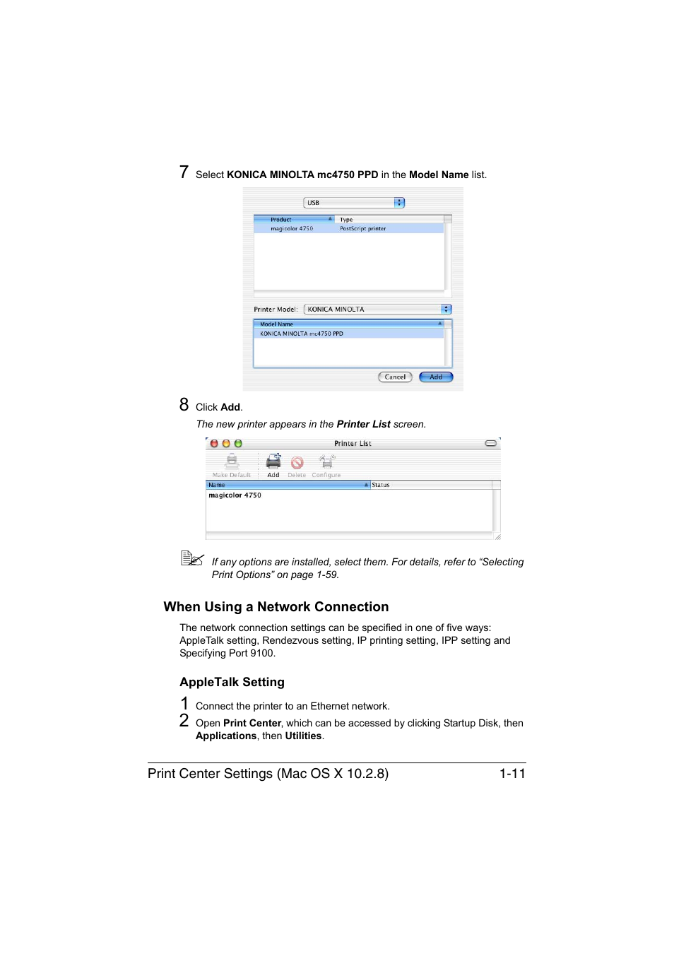 When using a network connection, Appletalk setting, When using a network connection -11 | Appletalk setting -11 | Konica Minolta magicolor 4750EN-4750DN User Manual | Page 36 / 409