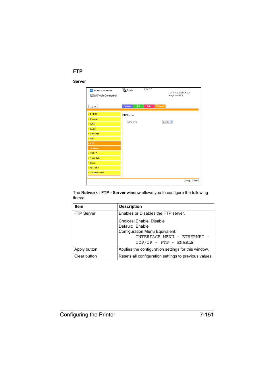 Ftp -151, Configuring the printer 7-151 | Konica Minolta magicolor 4750EN-4750DN User Manual | Page 370 / 409