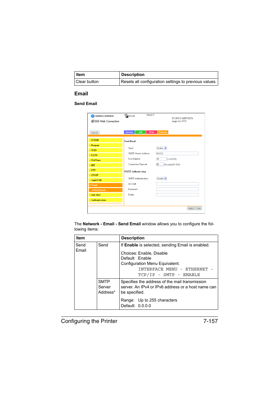 Email, Email -157, Configuring the printer 7-157 | Konica Minolta magicolor 4750EN-4750DN User Manual | Page 376 / 409