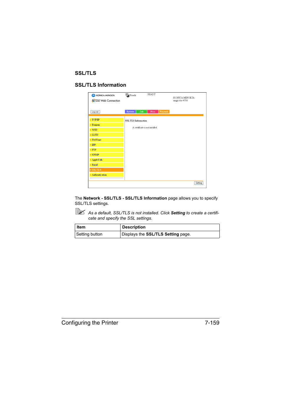 Ssl/tls, Ssl/tls information, Ssl/tls -159 ssl/tls information -159 | Konica Minolta magicolor 4750EN-4750DN User Manual | Page 378 / 409