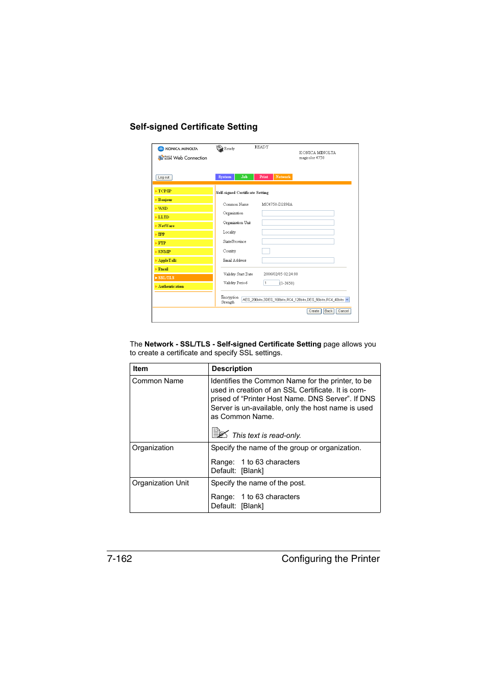 Self-signed certificate setting, Self-signed certificate setting -162 | Konica Minolta magicolor 4750EN-4750DN User Manual | Page 381 / 409