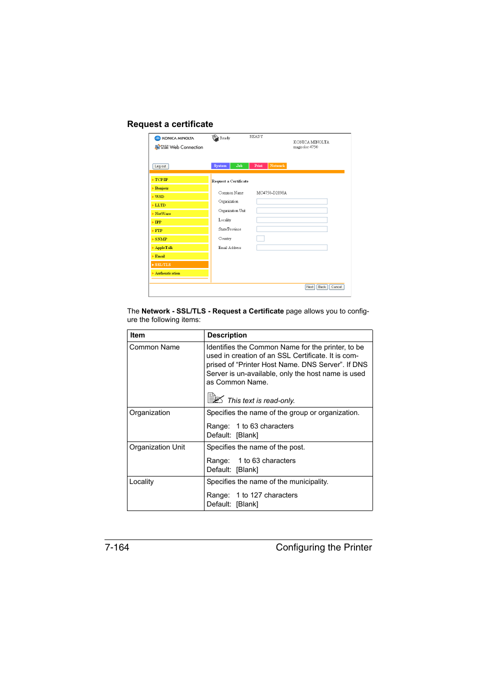 Request a certificate, Request a certificate -164, Configuring the printer 7-164 | Konica Minolta magicolor 4750EN-4750DN User Manual | Page 383 / 409