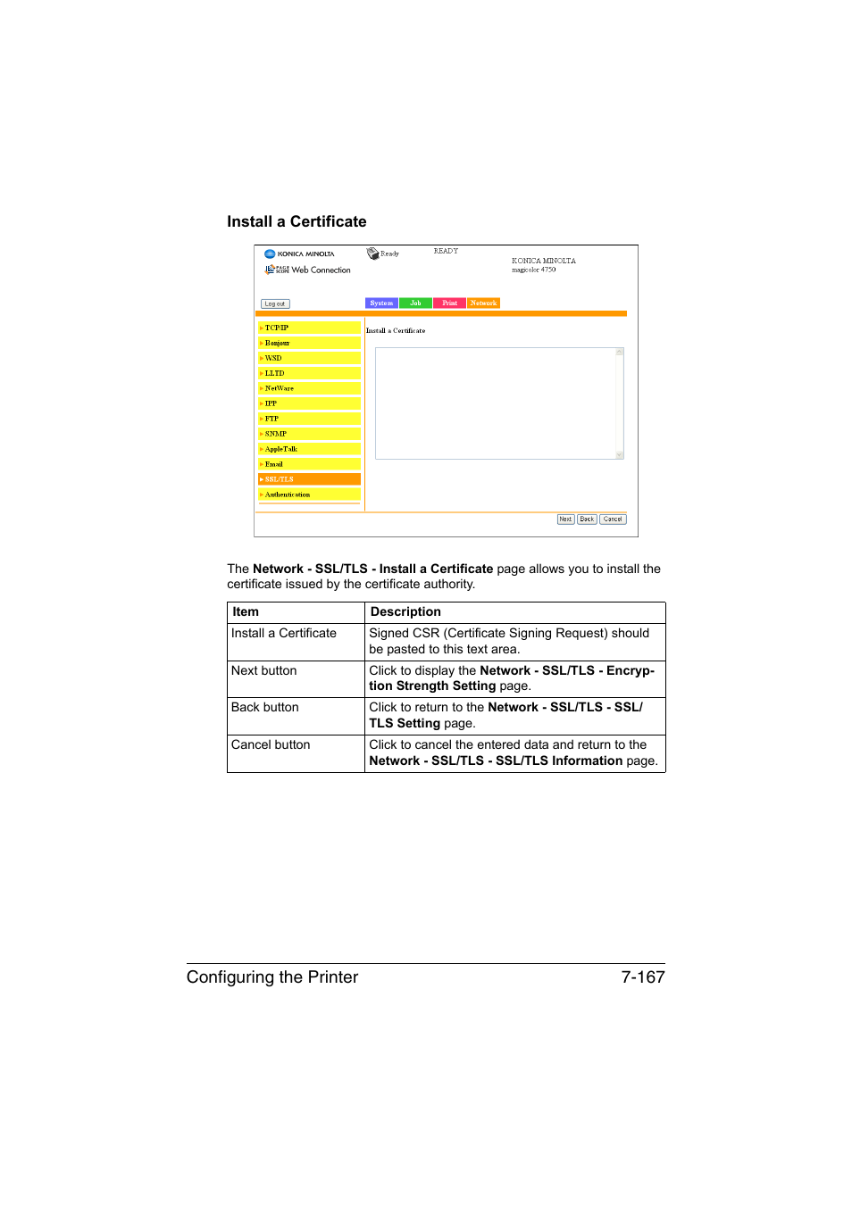 Install a certificate, Install a certificate -167, Configuring the printer 7-167 | Konica Minolta magicolor 4750EN-4750DN User Manual | Page 386 / 409