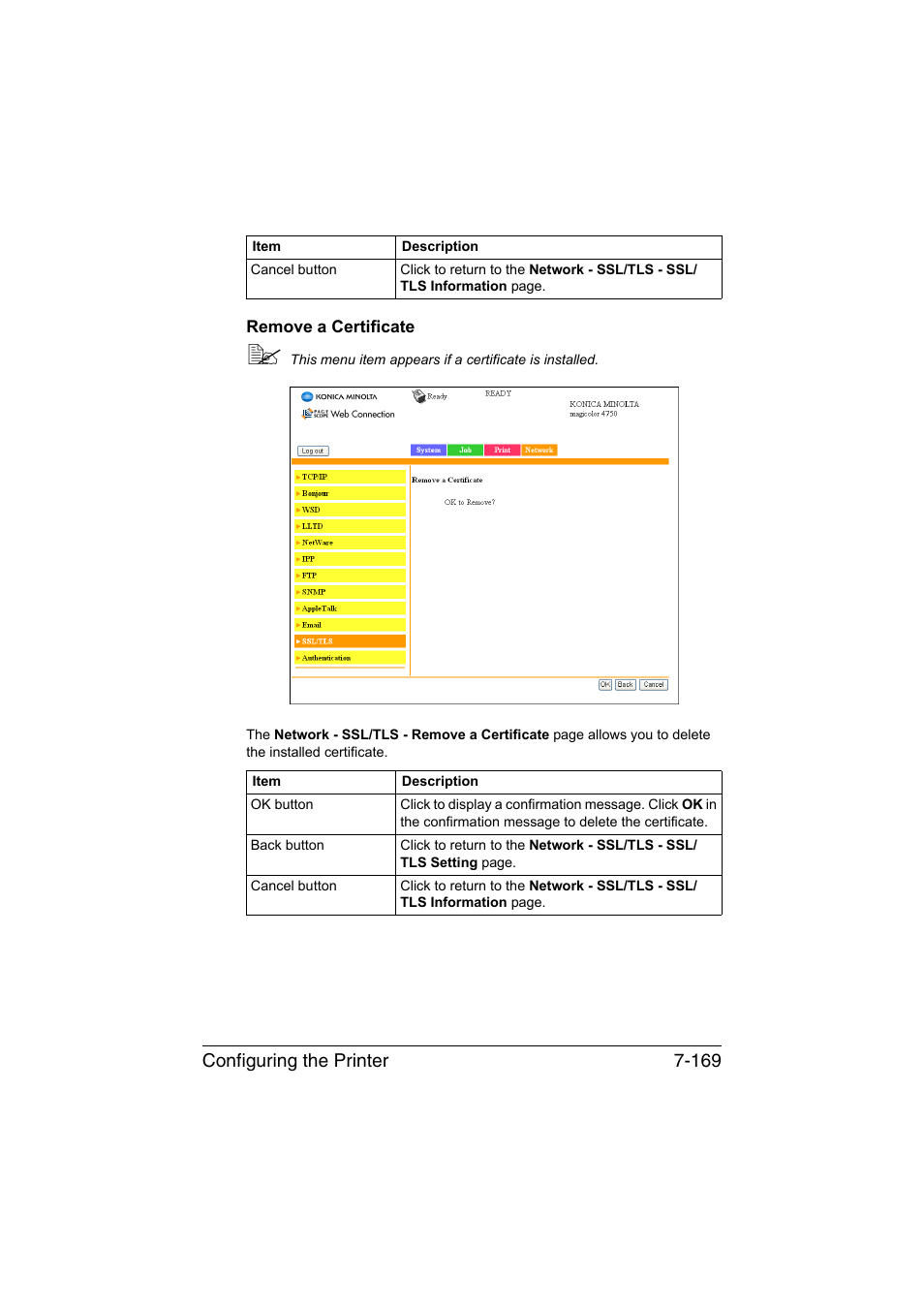 Remove a certificate, Remove a certificate -169, Configuring the printer 7-169 | Konica Minolta magicolor 4750EN-4750DN User Manual | Page 388 / 409