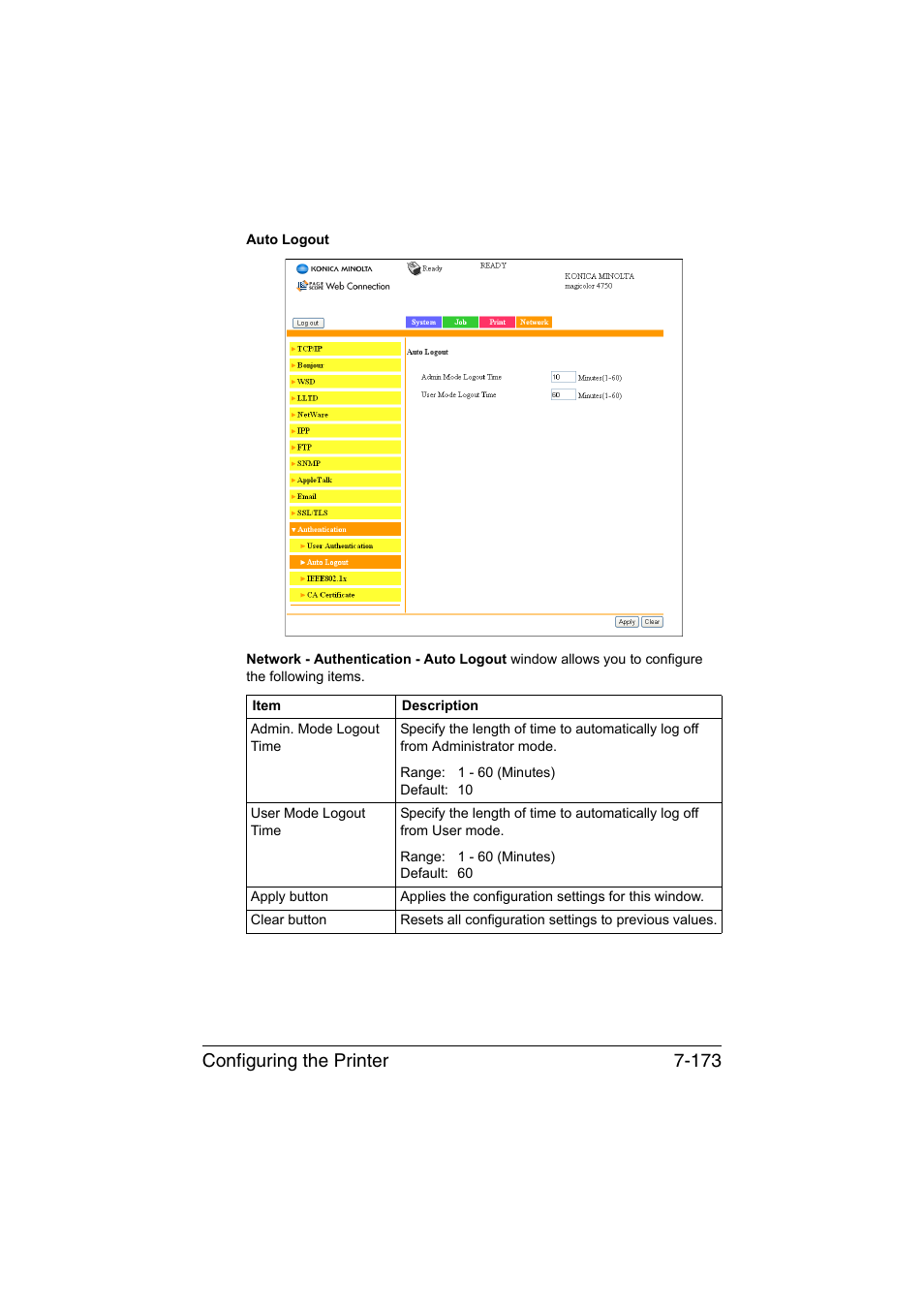 Configuring the printer 7-173 | Konica Minolta magicolor 4750EN-4750DN User Manual | Page 392 / 409