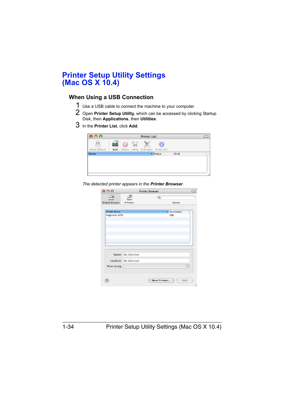 Printer setup utility settings (mac os x 10.4), When using a usb connection, Printer setup utility settings (mac os x 10.4) -34 | When using a usb connection -34 | Konica Minolta magicolor 4750EN-4750DN User Manual | Page 59 / 409