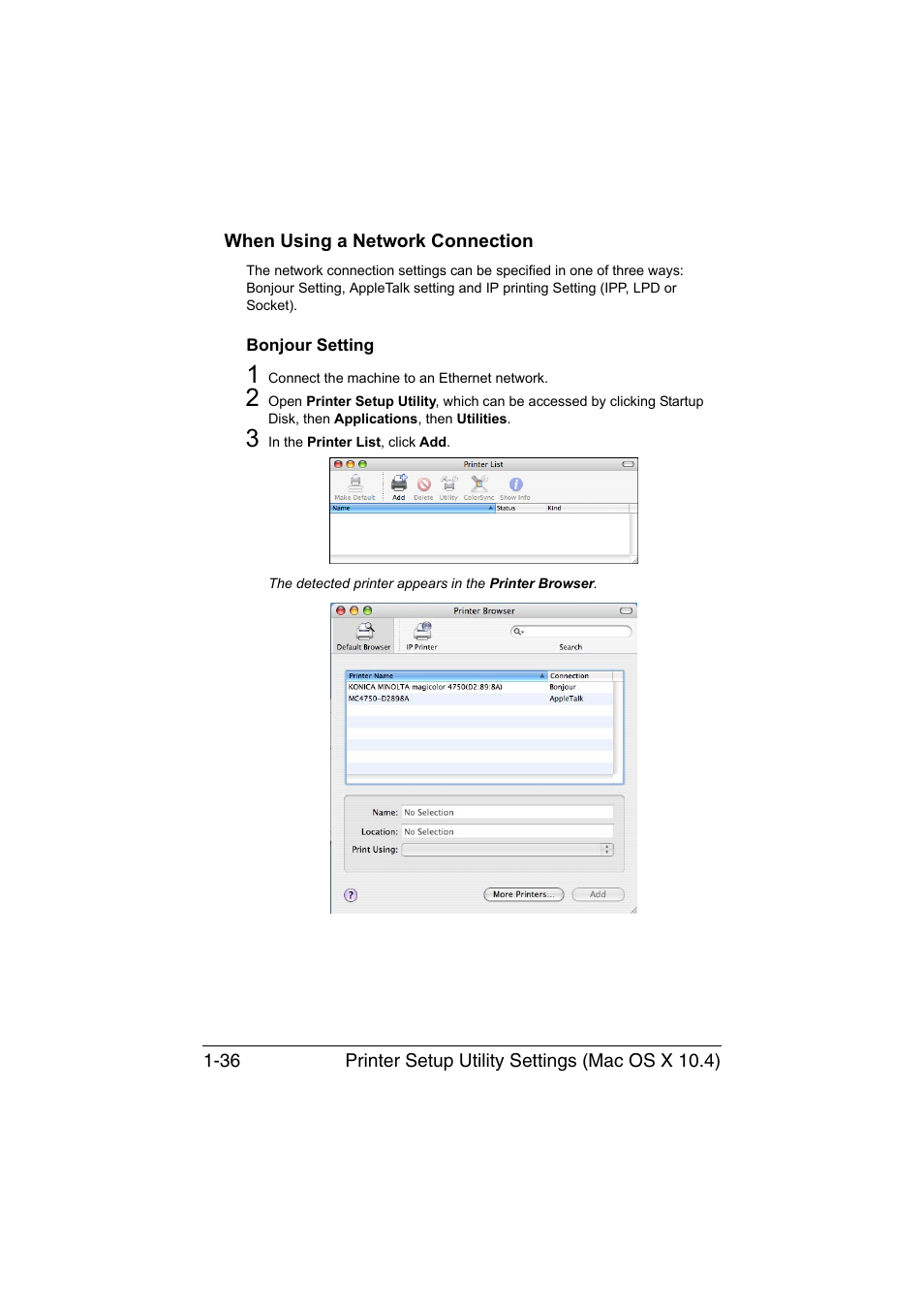 When using a network connection, Bonjour setting, When using a network connection -36 | Bonjour setting -36 | Konica Minolta magicolor 4750EN-4750DN User Manual | Page 61 / 409