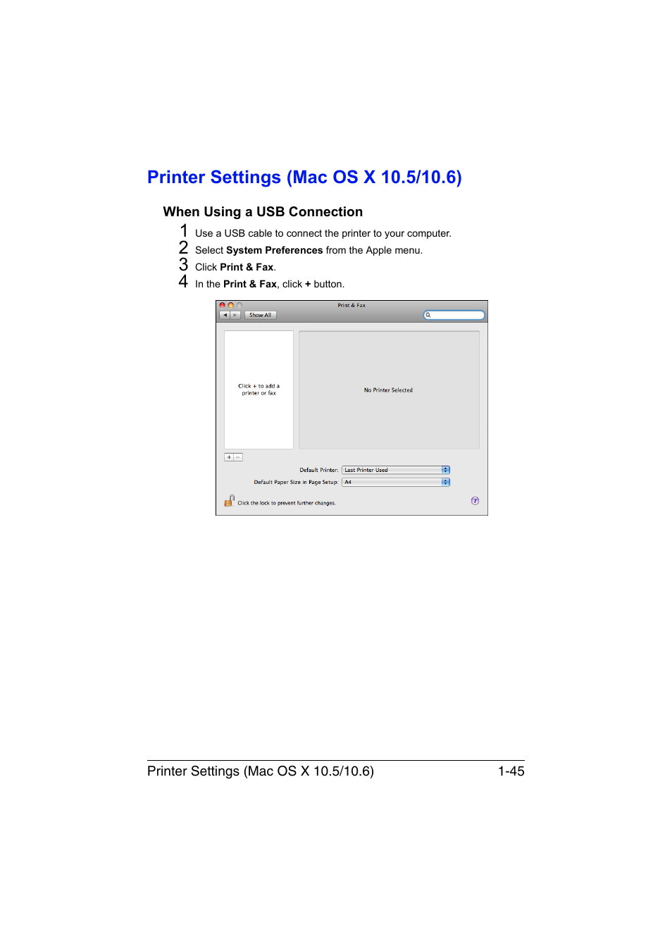 Printer settings (mac os x 10.5/10.6), When using a usb connection, Printer settings (mac os x 10.5/10.6) -45 | When using a usb connection -45 | Konica Minolta magicolor 4750EN-4750DN User Manual | Page 70 / 409