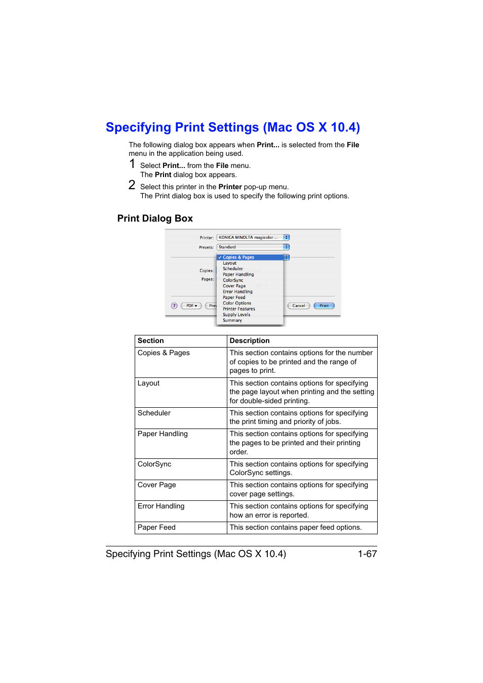 Specifying print settings (mac os x 10.4), Print dialog box, Specifying print settings (mac os x 10.4) -67 | Print dialog box -67 | Konica Minolta magicolor 4750EN-4750DN User Manual | Page 92 / 409