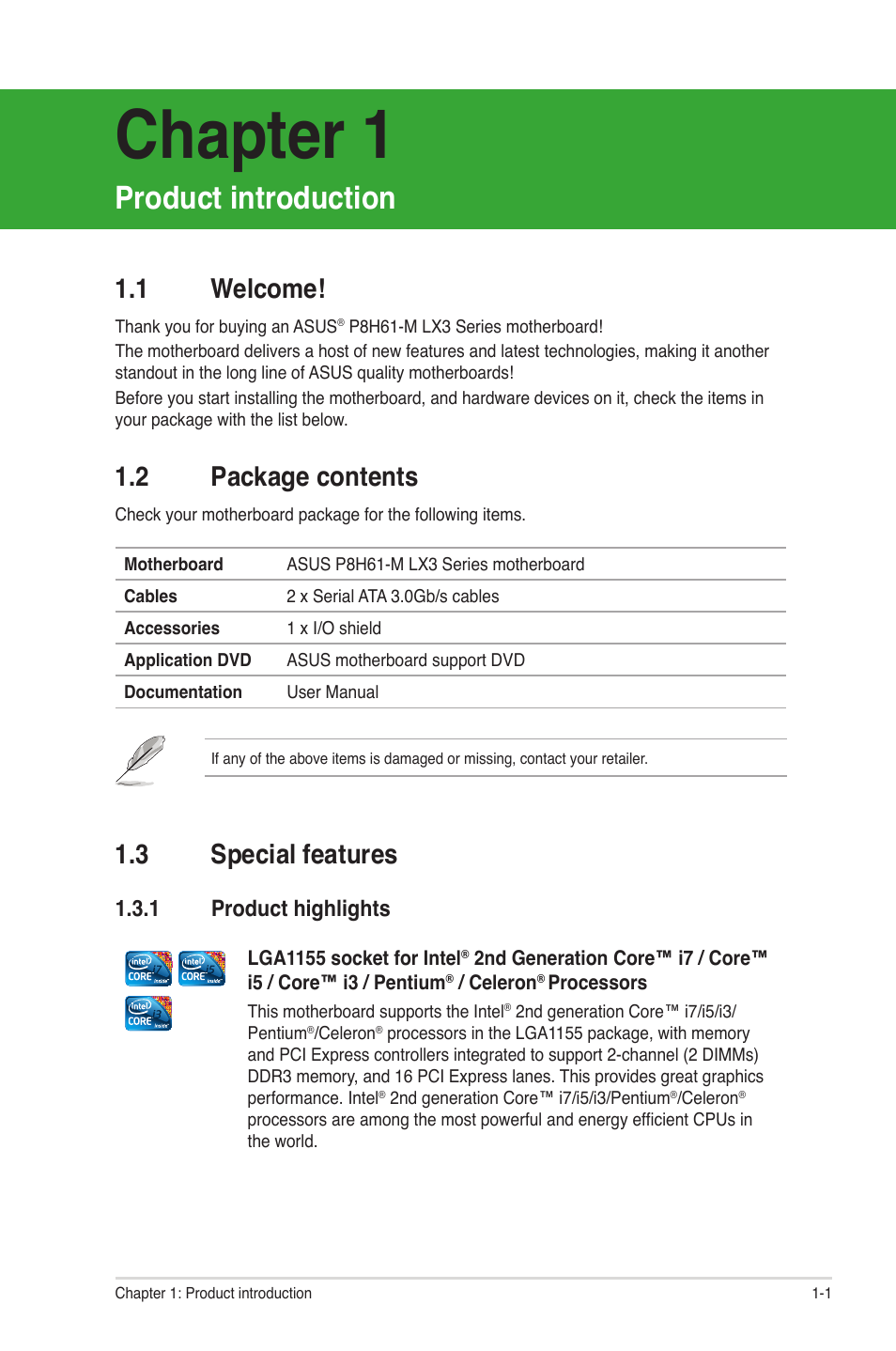 Chapter 1, Product introduction, 1 welcome | 2 package contents, 3 special features, 1 product highlights, Welcome! -1, Package contents -1, Special features -1 1.3.1, Product highlights -1 | Asus MOTHERBOARD p8h61-m lx3 series User Manual | Page 11 / 65