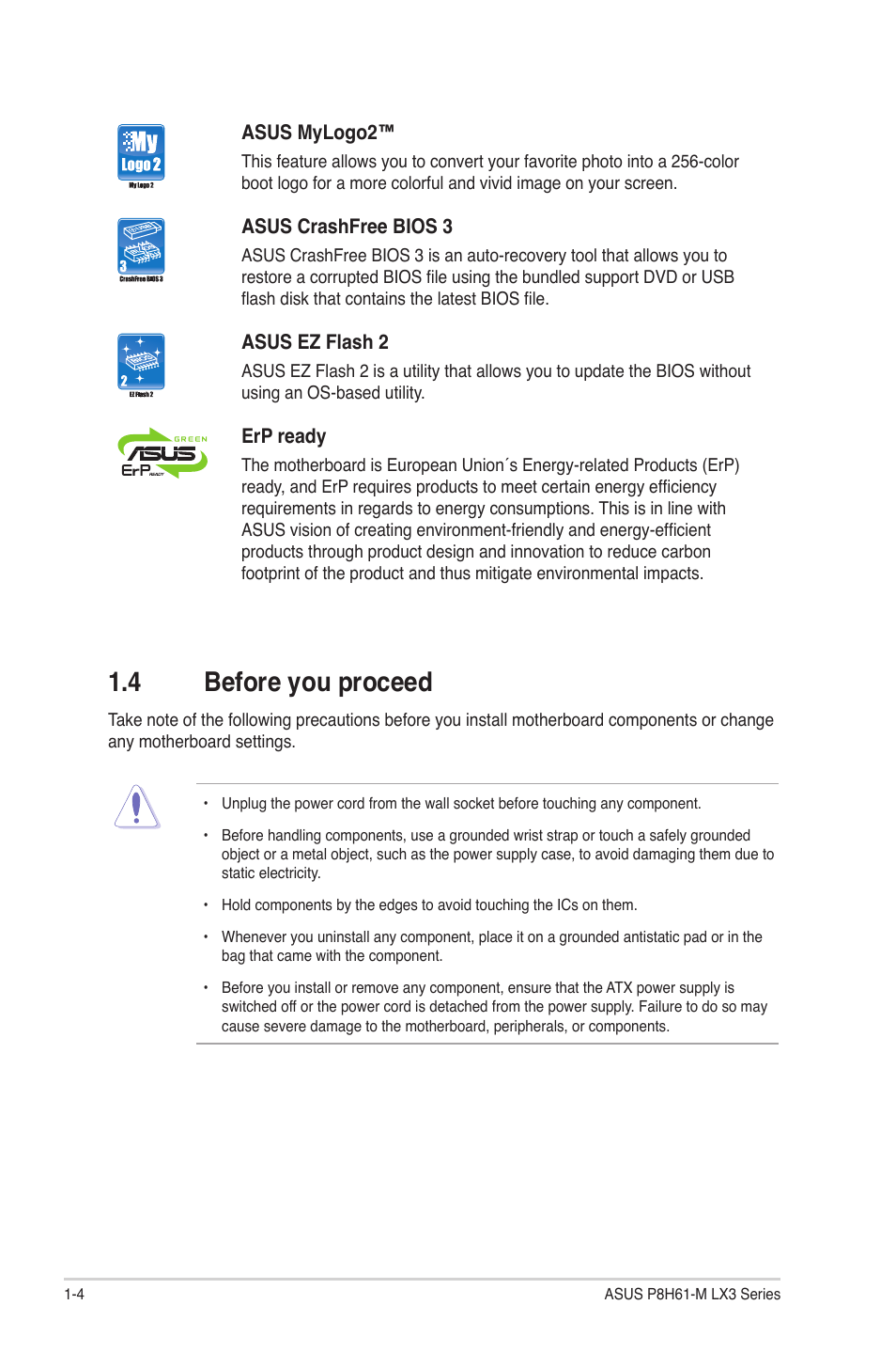 4 before you proceed, Before you proceed -4 | Asus MOTHERBOARD p8h61-m lx3 series User Manual | Page 14 / 65