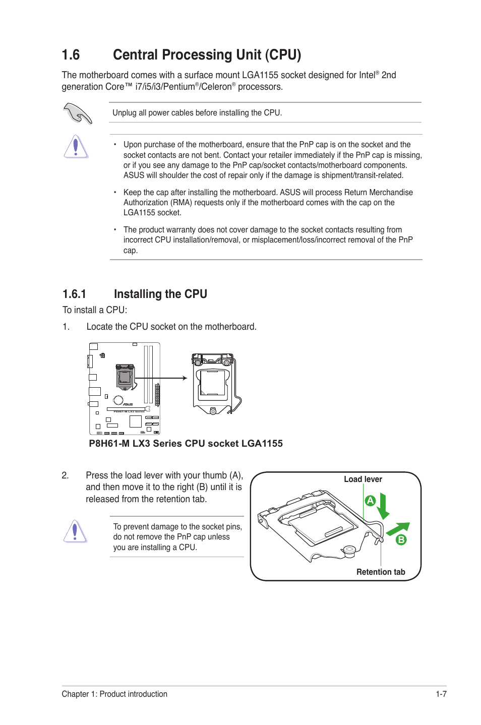 6 central processing unit (cpu), 1 installing the cpu, Central processing unit (cpu) -7 1.6.1 | Installing the cpu -7 | Asus MOTHERBOARD p8h61-m lx3 series User Manual | Page 17 / 65