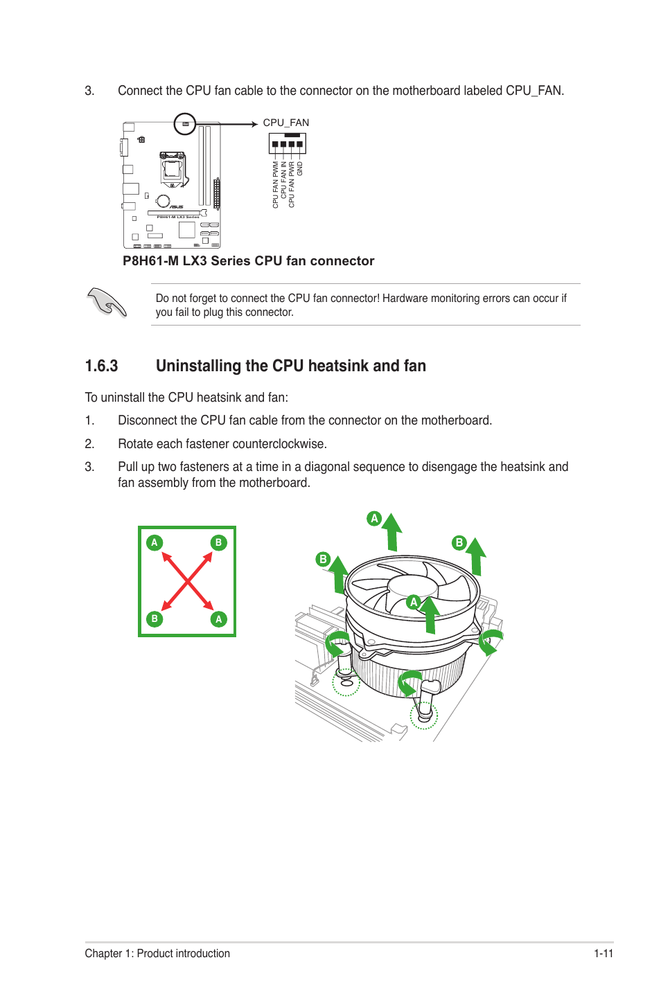 3 uninstalling the cpu heatsink and fan, Uninstalling the cpu heatsink and fan -11, P8h61-m lx3 series cpu fan connector | Asus MOTHERBOARD p8h61-m lx3 series User Manual | Page 21 / 65