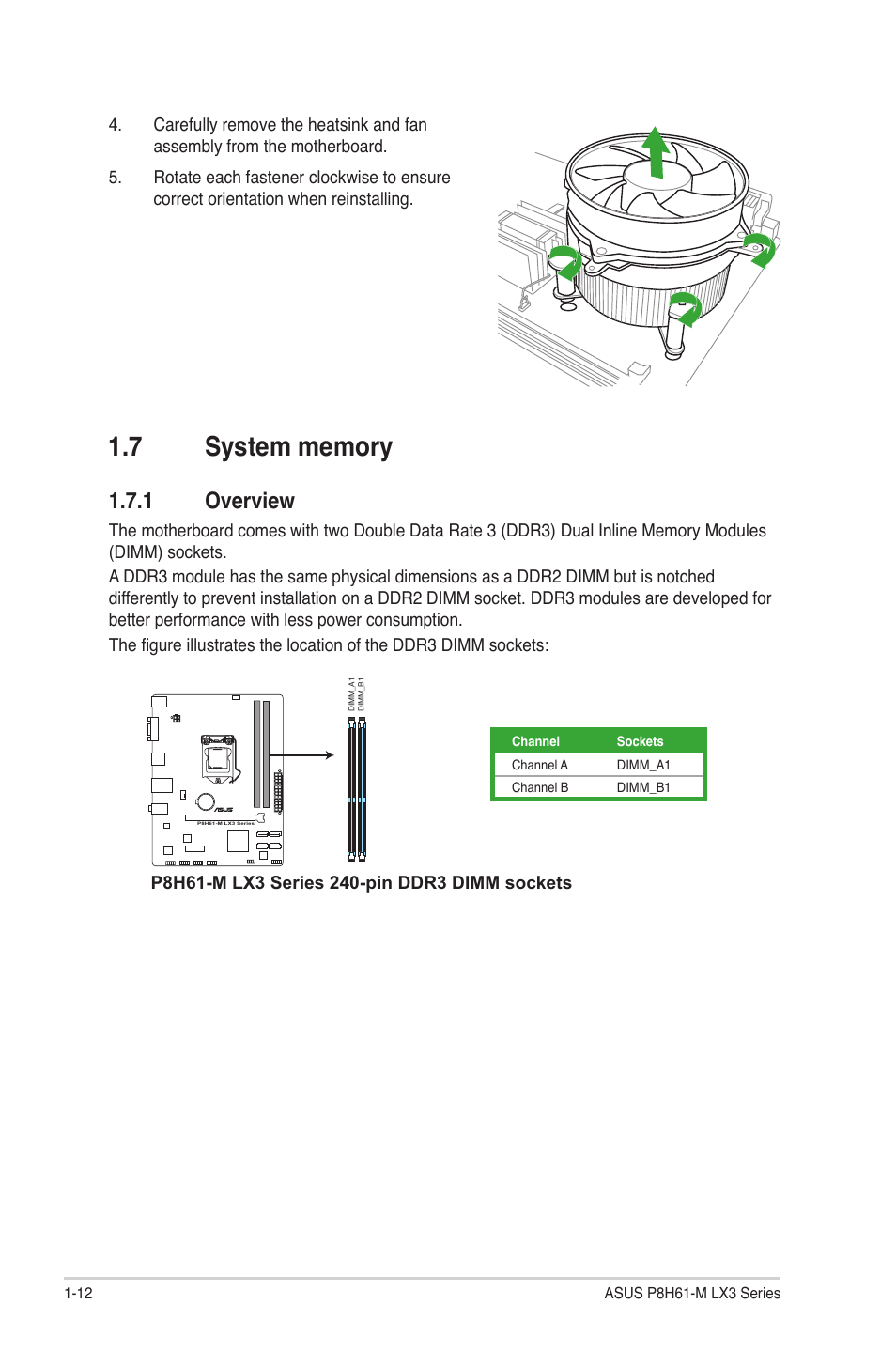 7 system memory, 1 overview, System memory -12 1.7.1 | Overview -12 | Asus MOTHERBOARD p8h61-m lx3 series User Manual | Page 22 / 65