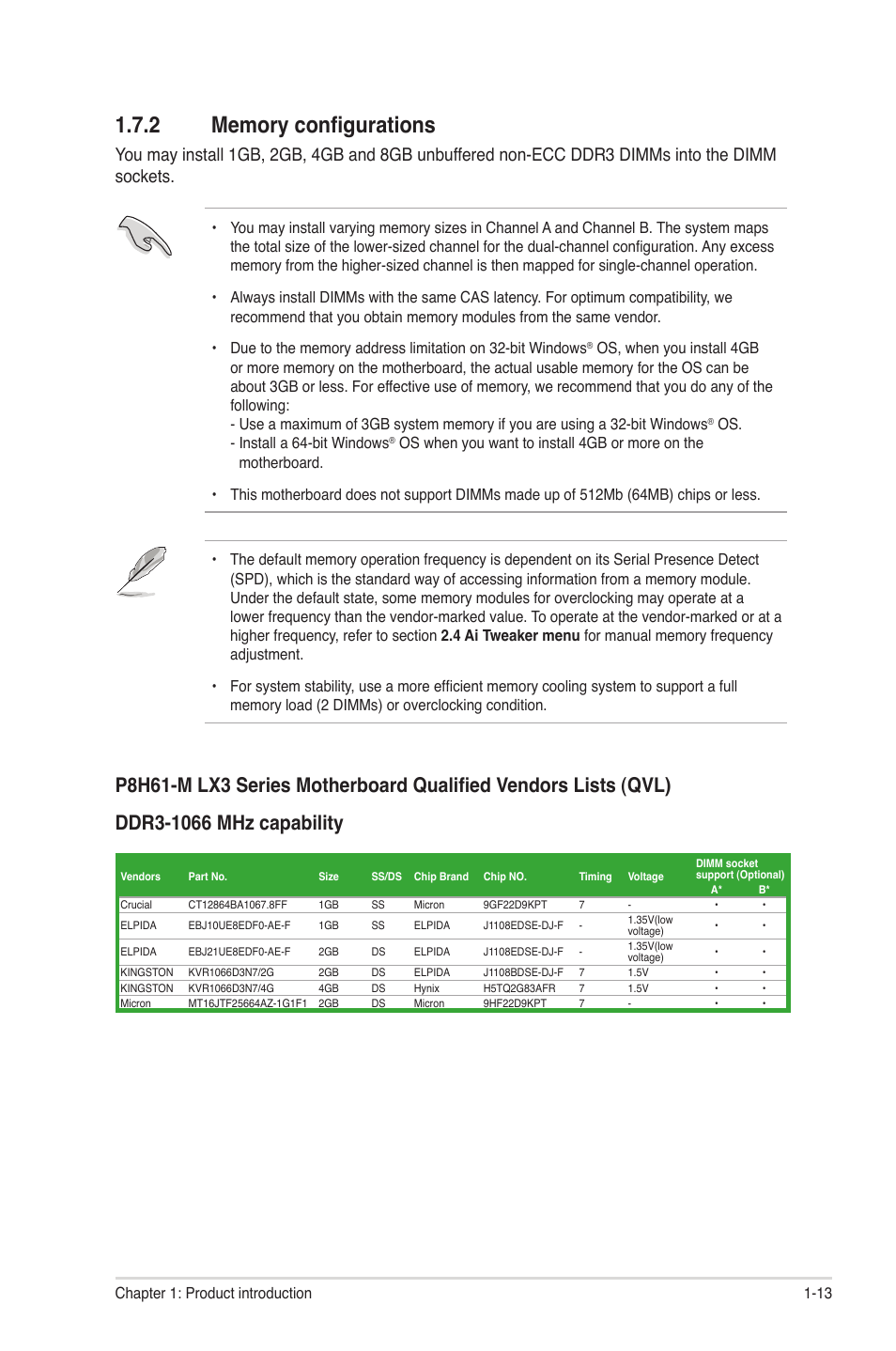 2 memory configurations, Memory configurations -13 | Asus MOTHERBOARD p8h61-m lx3 series User Manual | Page 23 / 65