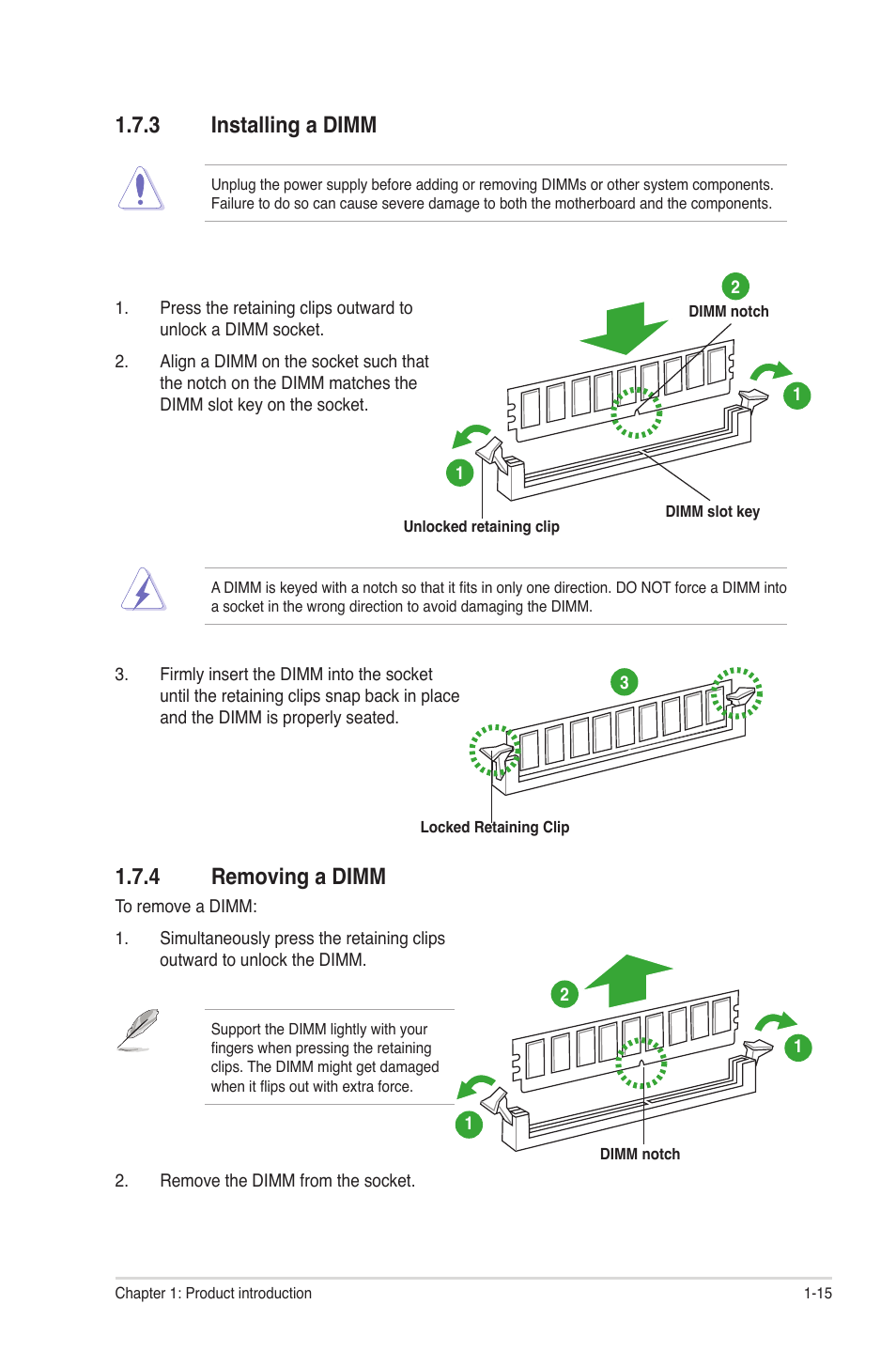 3 installing a dimm, 4 removing a dimm, Installing a dimm -15 | Removing a dimm -15 | Asus MOTHERBOARD p8h61-m lx3 series User Manual | Page 25 / 65