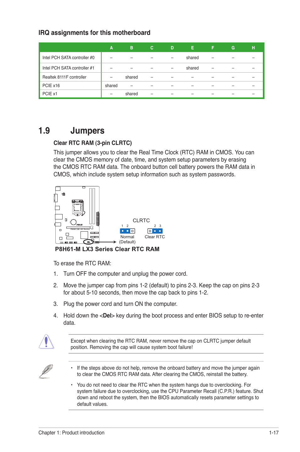 9 jumpers, Jumpers -17, Irq assignments for this motherboard | P8h61-m lx3 series clear rtc ram | Asus MOTHERBOARD p8h61-m lx3 series User Manual | Page 27 / 65