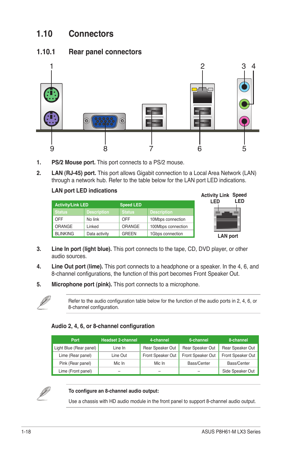 10 connectors, 1 rear panel connectors, 10 connectors -18 | 1 rear panel connectors -18 | Asus MOTHERBOARD p8h61-m lx3 series User Manual | Page 28 / 65