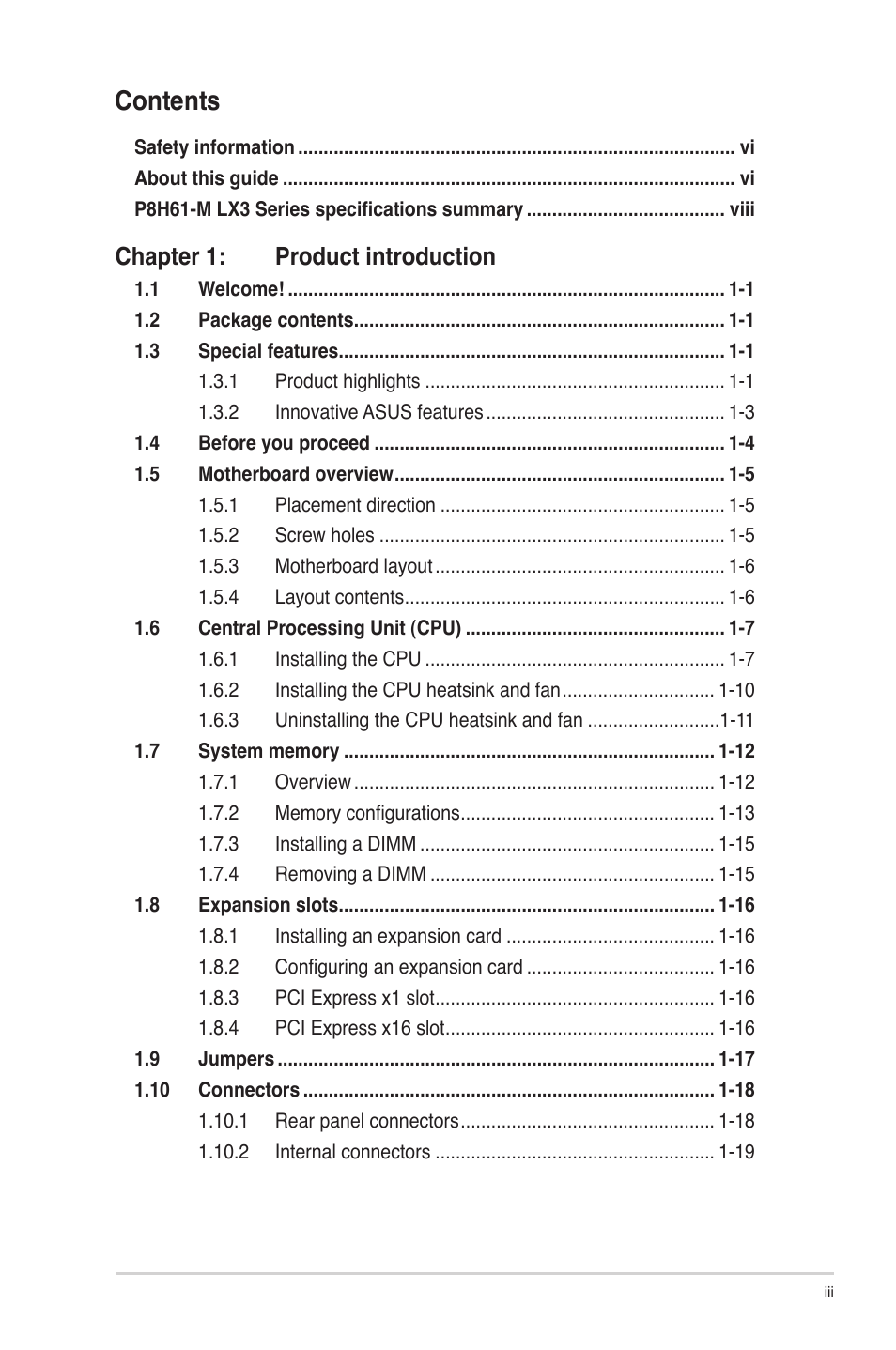 Asus MOTHERBOARD p8h61-m lx3 series User Manual | Page 3 / 65