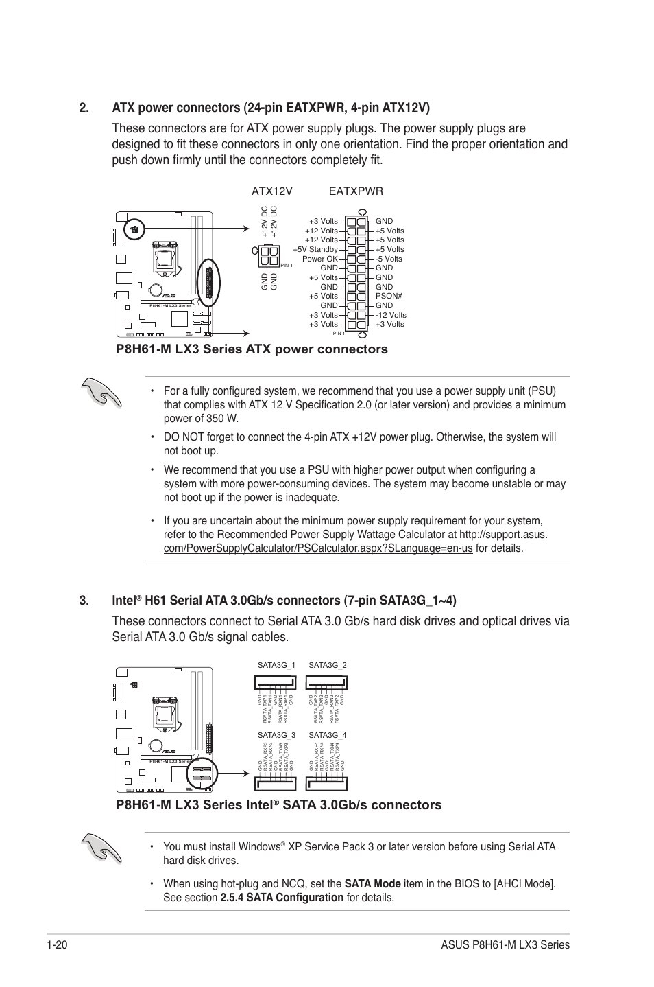 P8h61-m lx3 series atx power connectors, Intel, P8h61-m lx3 series intel | Sata 3.0gb/s connectors, Eatxpwr, Atx12v, You must install windows | Asus MOTHERBOARD p8h61-m lx3 series User Manual | Page 30 / 65