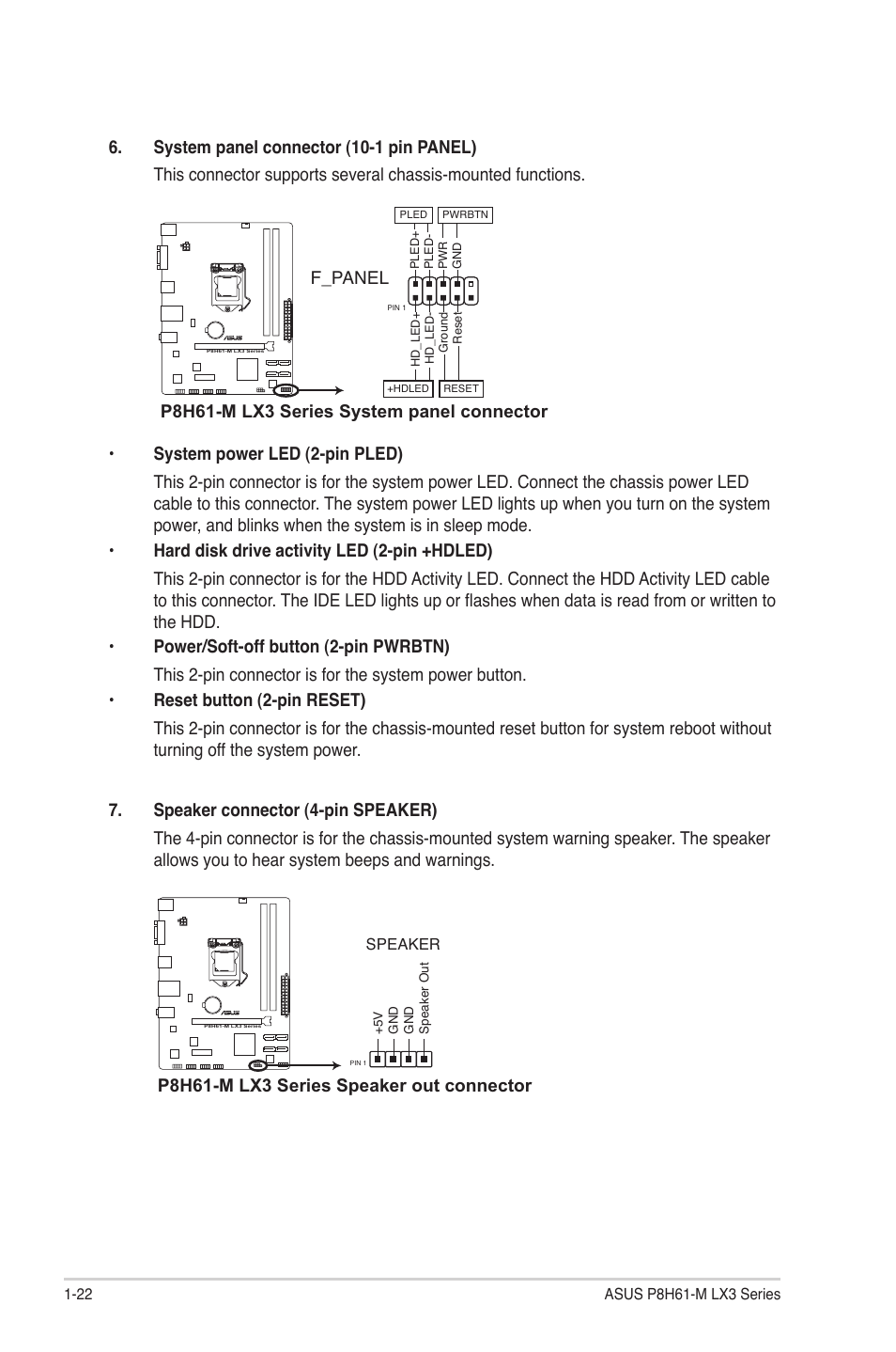 F_panel, P8h61-m lx3 series system panel connector, P8h61-m lx3 series speaker out connector | Asus MOTHERBOARD p8h61-m lx3 series User Manual | Page 32 / 65