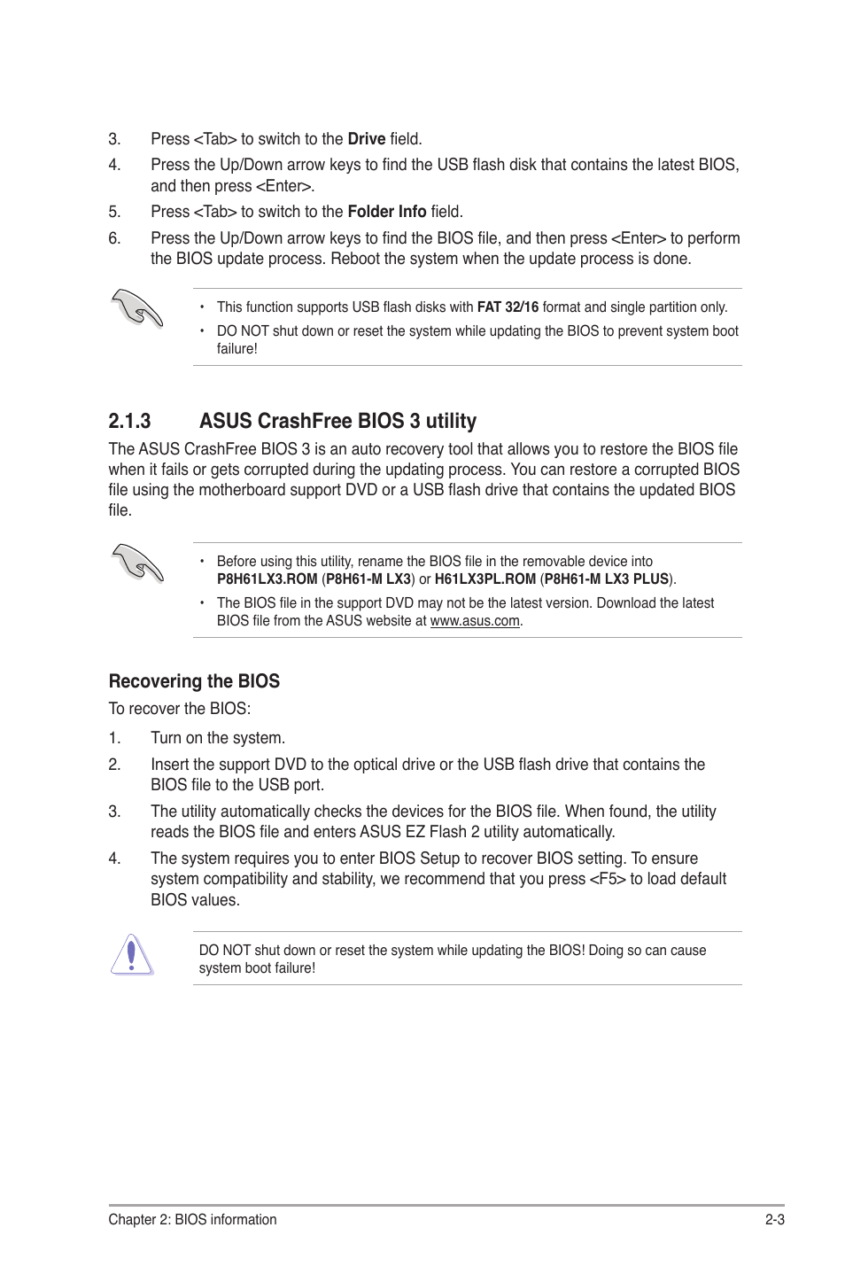 3 asus crashfree bios 3 utility, Asus crashfree bios 3 utility -3 | Asus MOTHERBOARD p8h61-m lx3 series User Manual | Page 37 / 65