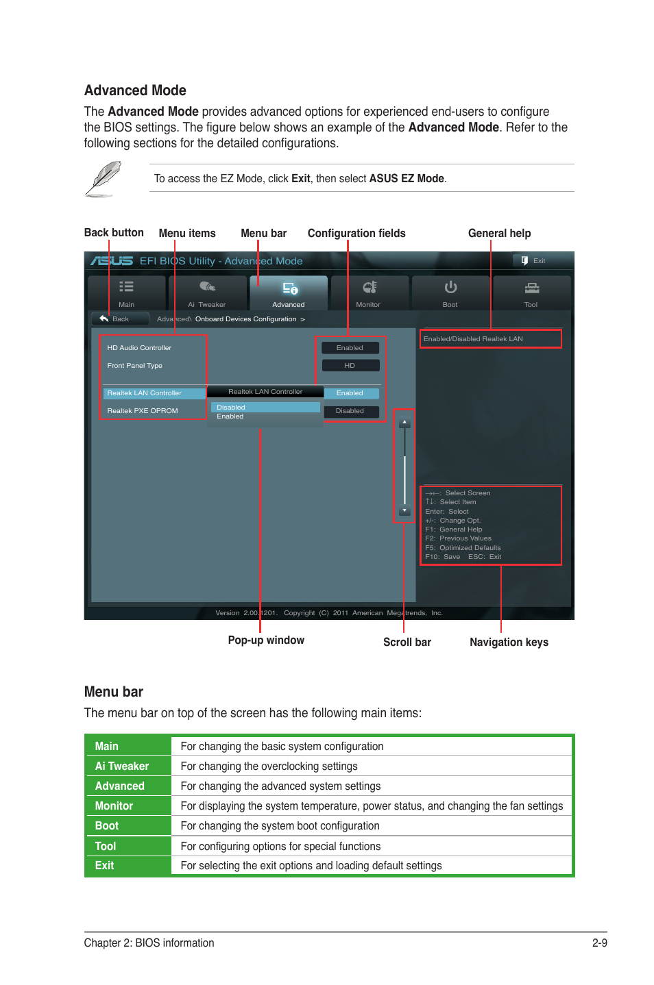 Advanced mode, Menu bar | Asus MOTHERBOARD p8h61-m lx3 series User Manual | Page 43 / 65