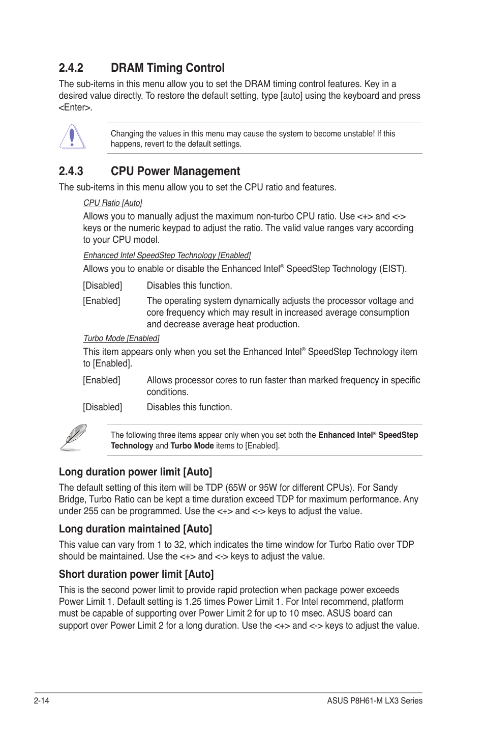 2 dram timing control, 3 cpu power management, Dram timing control -14 | Cpu power management -14 | Asus MOTHERBOARD p8h61-m lx3 series User Manual | Page 48 / 65