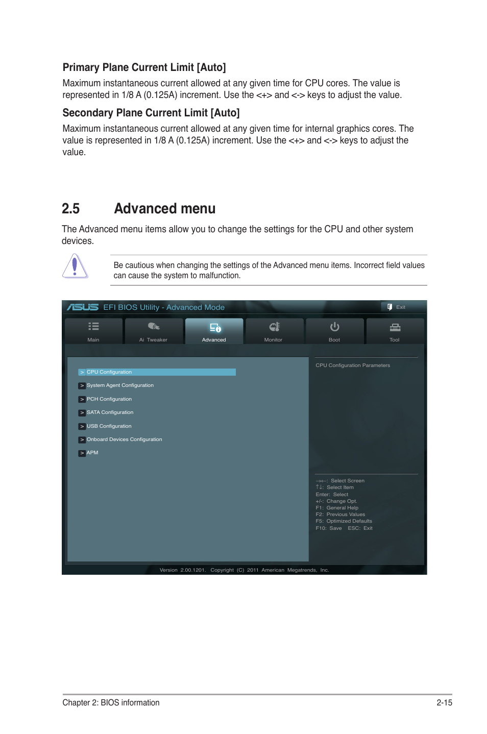 5 advanced menu, Advanced menu -15, Primary plane current limit [auto | Secondary plane current limit [auto | Asus MOTHERBOARD p8h61-m lx3 series User Manual | Page 49 / 65