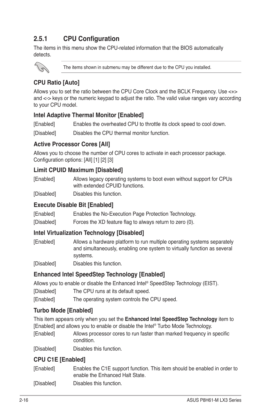 1 cpu configuration, Cpu configuration -16 | Asus MOTHERBOARD p8h61-m lx3 series User Manual | Page 50 / 65